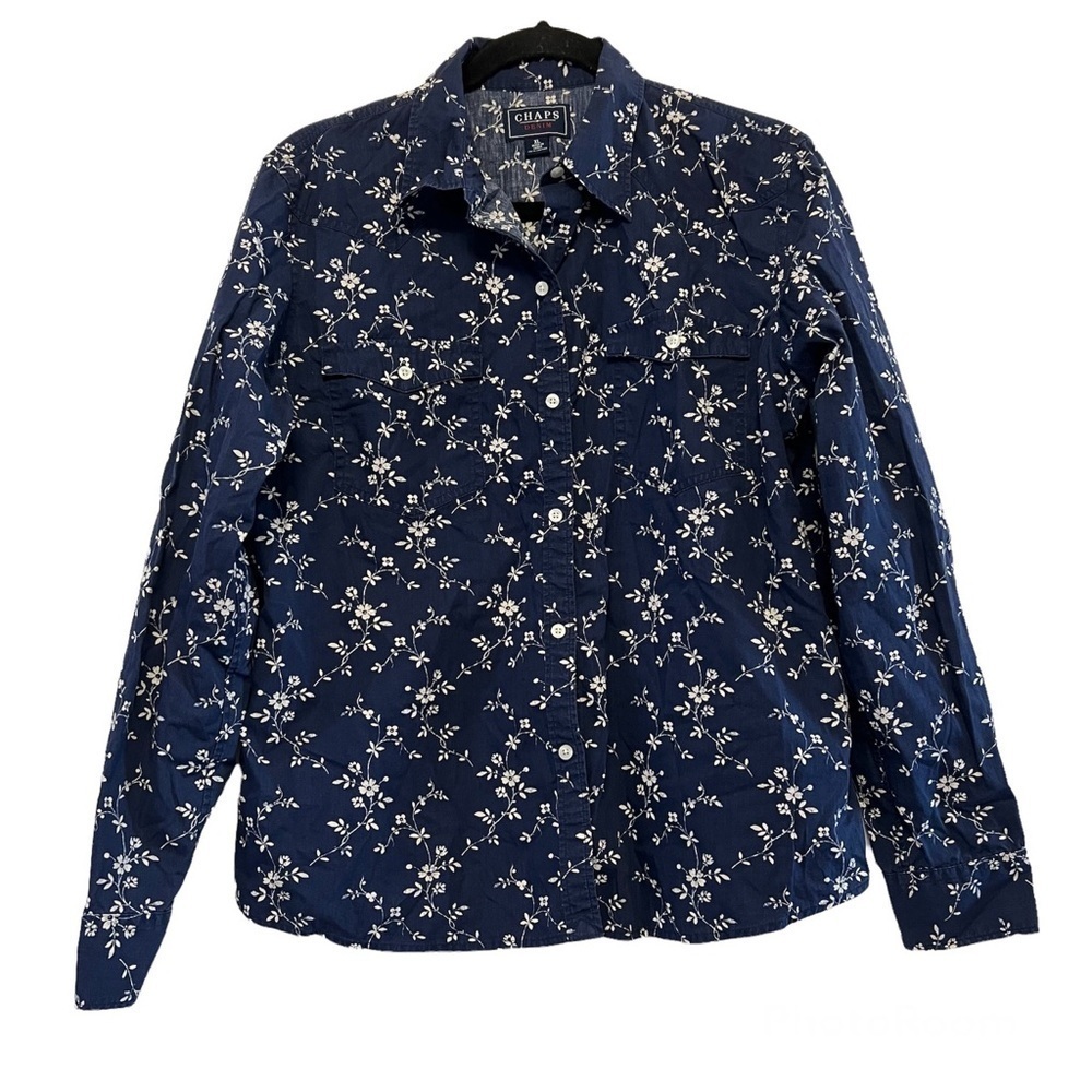 Chaps Denim Navy Blue & White Floral Button Down Shirt